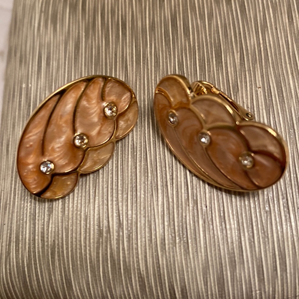 KJL for Avon clip enamel earrings with rhinestones EUC 1” x 1/2”